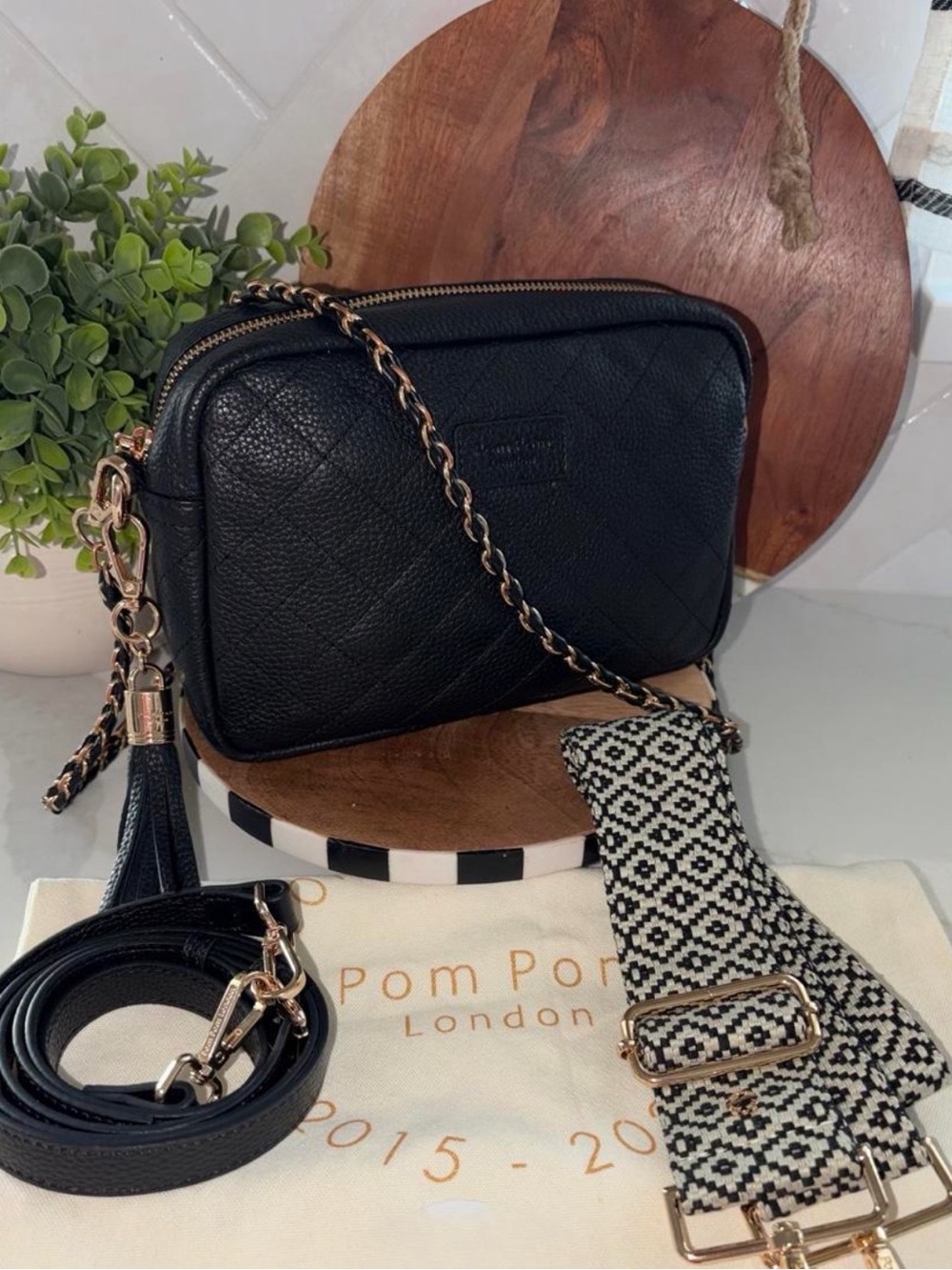Pom Pom London Black quilted city Crossbody Bag purse 3 strap bundle